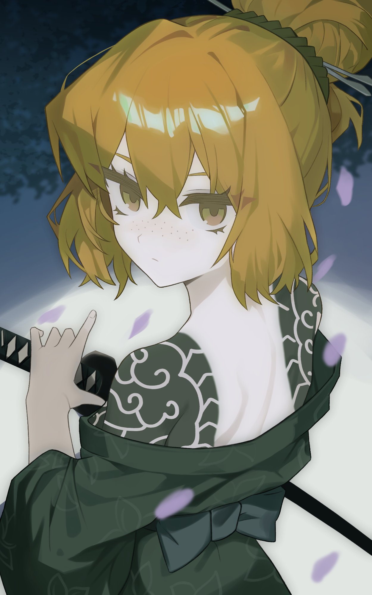 ishmael (project moon), kurokumo clan (identity) (project moon), limbus company, project moon, highres, 1girl, black kimono, bow, cherry blossoms, cloud tattoo, freckles, grey background, grey bow, hair ornament, hair stick, holding, holding sword, holding weapon, ir i, irezumi, japanese clothes, kimono, long hair, looking at viewer, orange eyes, orange hair, simple background, solo, sword, tattoo, upper body, weapon