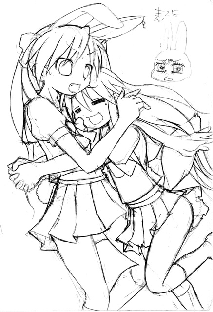 hiiragi kagami, izumi konata, lucky star, 00s, monochrome, school uniform, serafuku, sketch