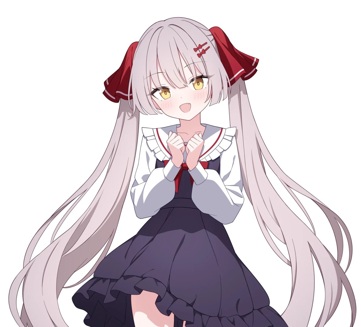 kk0220, ogasawara hisame, heaven burns red, 1girl, dress, frills, long hair, official alternate costume, ponytail, ribbon, shirt, solo, twintails, white hair, white shirt, yellow eyes