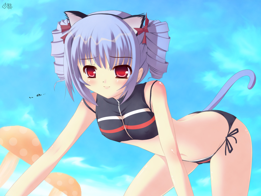natsumiya yuzu, kooh (pangya), pangya, 1girl, animal ears, bikini, black bikini, cat ears, cat tail, day, drill hair, female focus, purple hair, red eyes, side-tie bikini bottom, solo, swimsuit, tail, tankini
