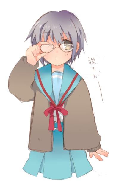 nagato yuki, suzumiya haruhi no yuuutsu, 00s, 1girl, adjusting eyewear, female focus, glasses, purple hair, school uniform, serafuku, short hair, simple background, skirt, solo, yellow eyes