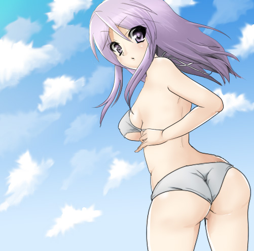 masayu, 1girl, adjusting clothes, adjusting swimsuit, ass, bikini, blue background, breasts, cleavage, cloud, day, female focus, hip focus, long hair, looking back, medium breasts, purple eyes, purple hair, sideboob, sky, solo, swimsuit, wedgie, white bikini, wide hips