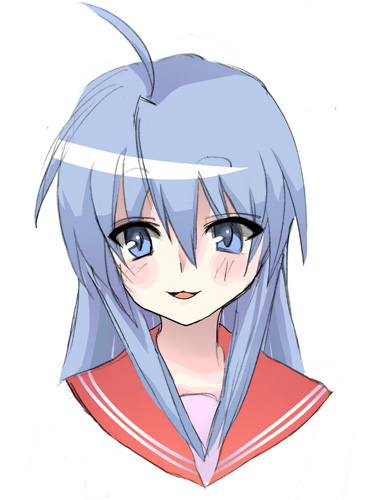 masayu, izumi konata, lucky star, lowres, 00s, 1girl, :d, ahoge, blue eyes, blue hair, female focus, long hair, looking at viewer, matching hair/eyes, open mouth, portrait, school uniform, serafuku, sidelocks, simple background, smile, solo, upper body, white background
