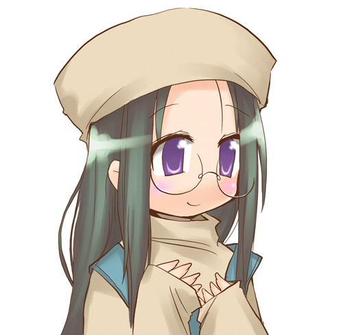 hane (hanegoya), tamura hiyori, lucky star, lowres, 00s, 1girl, female focus, glasses, hat, purple eyes, solo