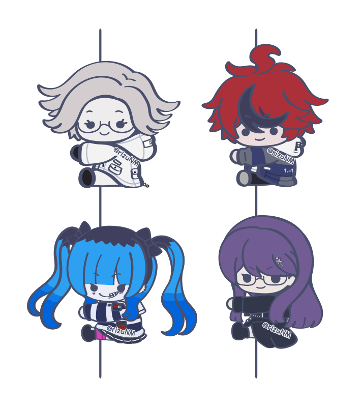 mugichoco, amemiya darumi, aotsuki eito, shizuhara hiruko, sumino takumi, the hundred line -last defense academy-, 2boys, 2girls, black bow, black dress, black hair, black pants, black skirt, blue hair, bow, chibi, dress, glasses, grey hair, grey jacket, hoodie, jacket, long hair, looking at viewer, multicolored hair, multiple boys, multiple girls, pants, purple hair, red hair, shirt, short hair, skirt, striped clothes, striped shirt, turning head, twintails, white hoodie, white pants