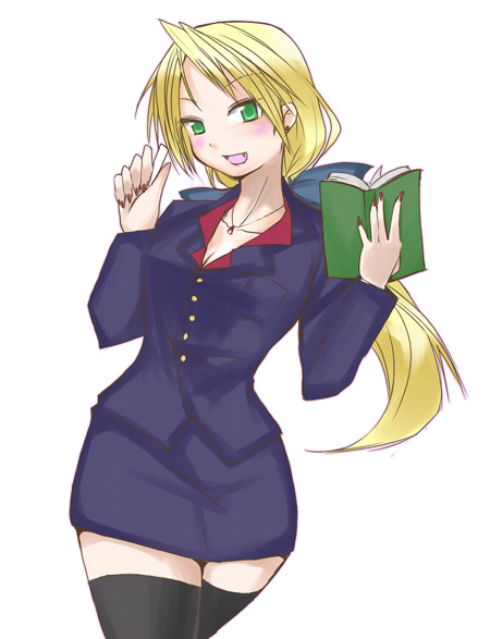 hane (hanegoya), kuroi nanako, lucky star, 00s, 1girl, blonde hair, blush, book, fang, female focus, formal clothes, green eyes, jewelry, miniskirt, pencil skirt, pendant, skirt, skirt suit, solo, suit, thighhighs, zettai ryouiki