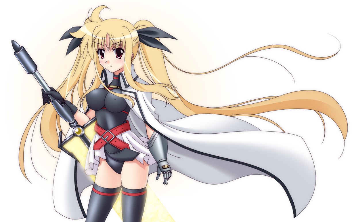 narutaki shin, bardiche (nanoha), bardiche (zanber form) (nanoha), fate testarossa, fate testarossa (impulse form), fate testarossa (original form), lyrical nanoha, mahou shoujo lyrical nanoha, mahou shoujo lyrical nanoha strikers, 00s, 1girl, adapted costume, blonde hair, energy sword, female focus, long hair, miniskirt, skirt, solo, sword, thighhighs, twintails, very long hair, warrior, weapon