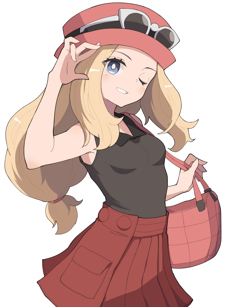 hiyoshipow, serena (pokemon), nintendo, pokemon, pokemon xy, 1girl, bag, blonde hair, blue eyes, blush, breasts, eyewear on headwear, hat, long hair, looking at viewer, one eye closed, open mouth, pink hat, red hat, red skirt, shirt, shoulder bag, simple background, skirt, sleeveless, sleeveless shirt, smile, solo, sunglasses, teeth, white-framed eyewear, white background