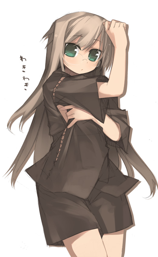 kashiwamochi yomogi, arima senka, original, 1girl, blush, brown hair, brown shirt, cowboy shot, cross-laced clothes, female focus, glasses, green eyes, long hair, shirt, short sleeves, shorts, simple background, solo, standing, very long hair, white background