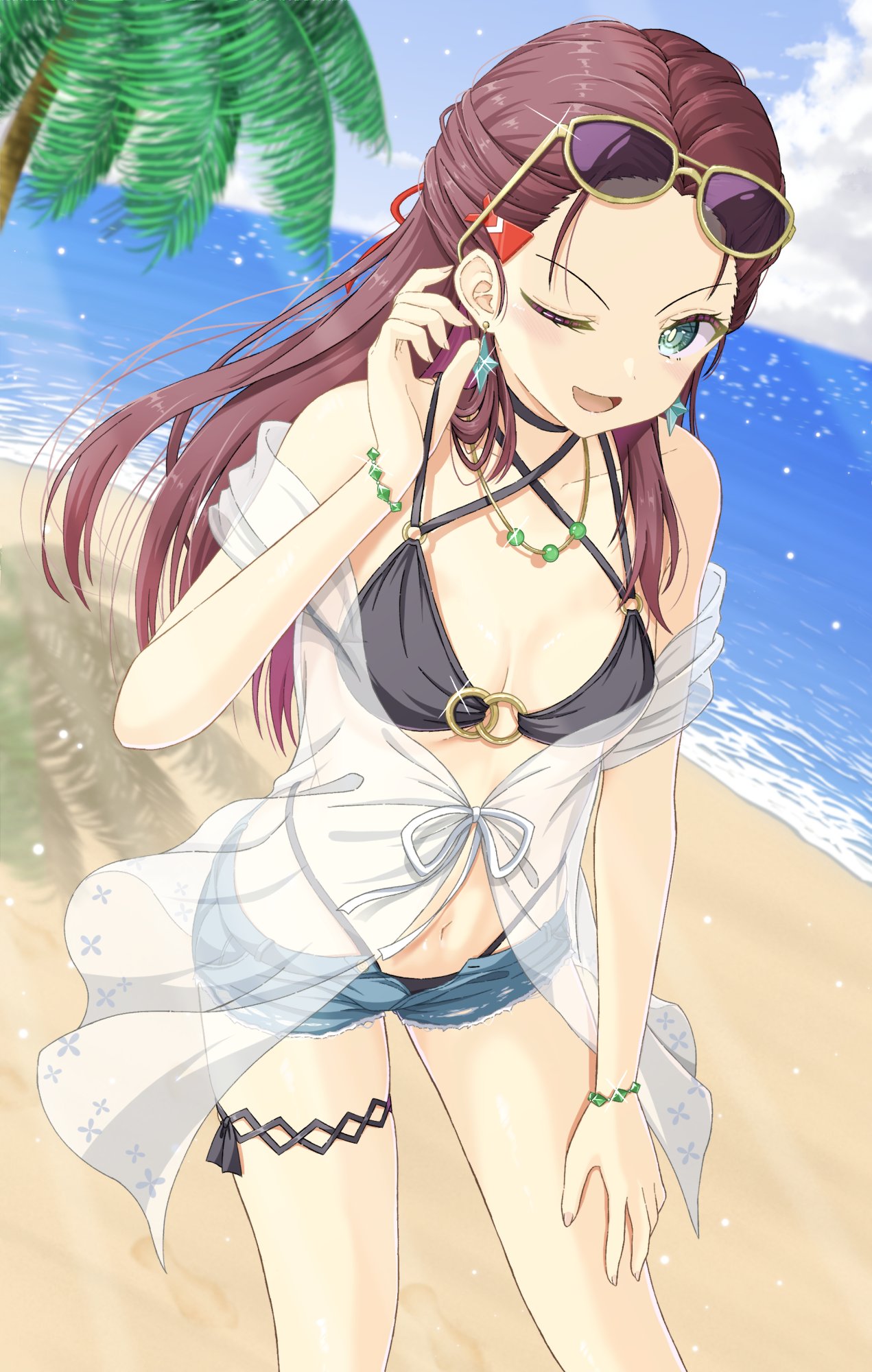 mochimugi rice, ooshima niina, heaven burns red, highres, 1girl, bangs pinned back, bikini, black bikini, breasts, brown hair, coconut tree, denim, denim shorts, hair ornament, long hair, ocean, one eye closed, palm tree, see-through clothes, shorts, small breasts, solo, swimsuit, tree