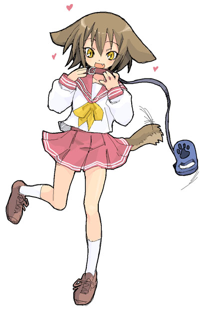 satou atsuki, kusakabe misao, lucky star, 00s, animal ears, dog ears, dog tail, fang, leash, pet play, school uniform, serafuku, solo, tail