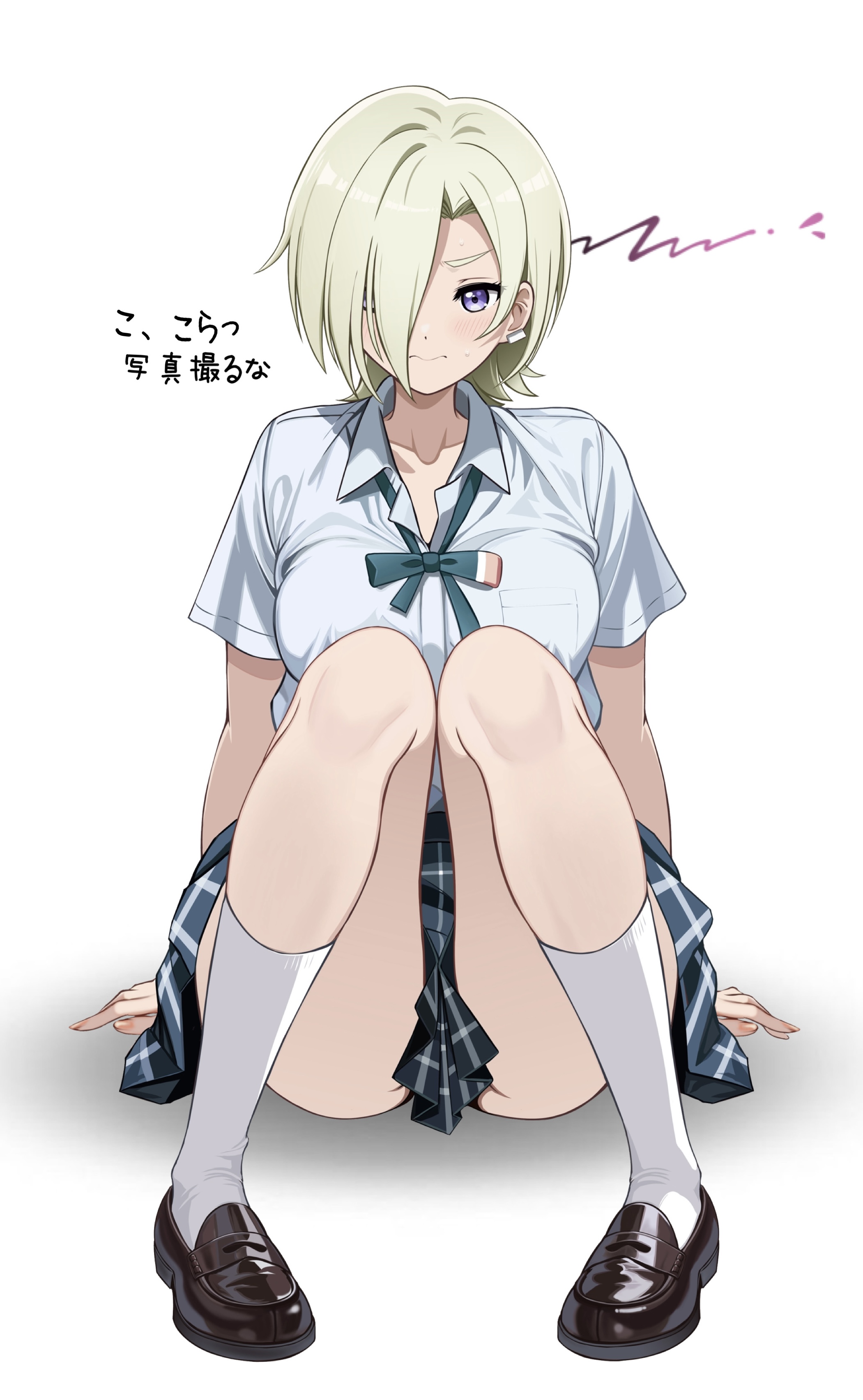 zaofeng, mia taylor, love live!, love live! nijigasaki high school idol club, absurdres, highres, ass, black shoes, blonde hair, blue skirt, blush, closed mouth, collarbone, embarrassed, hair over one eye, knees up, loafers, looking at viewer, nijigasaki school uniform, pleated skirt, purple eyes, school uniform, shadow, shirt, shoes, short hair, short sleeves, simple background, sitting, skirt, socks, thighs, white background, white shirt, white socks