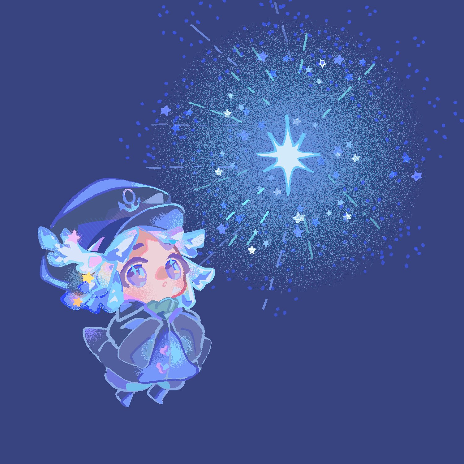 reed, cookie run, cookie run: kingdom, commentary, highres, symbol-only commentary, 1girl, :o, anchor print, ankle boots, black boots, black hat, black jacket, blue background, blue hair, blue theme, boots, chibi, chibi only, glowing, grey pants, hat, jacket, long sleeves, looking at object, looking up, no sclera, open mouth, pants, parted bangs, puffy pants, short hair, simple background, sleeves past fingers, sleeves past wrists, solo, sparkling eyes, star (symbol), star coral cookie