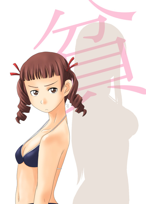 toshifumi, matsudaira touko, maria-sama ga miteru, 00s, 1girl, bikini, blue bikini, breasts, brown eyes, brown hair, drill hair, female focus, frown, navel, short hair, silhouette, small breasts, solo, squiggle, swimsuit, twin drills, twintails, white background