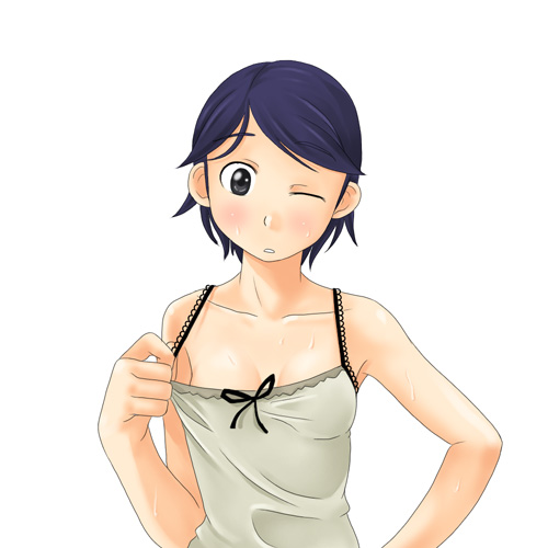 toshifumi, yamaguchi mami, maria-sama ga miteru, lowres, 00s, 1girl, blue eyes, blue hair, blush, bow, breasts, camisole, female focus, hand on own hip, hip focus, matching hair/eyes, medium breasts, no bra, one eye closed, short hair, simple background, small breasts, solo, sweat, wink