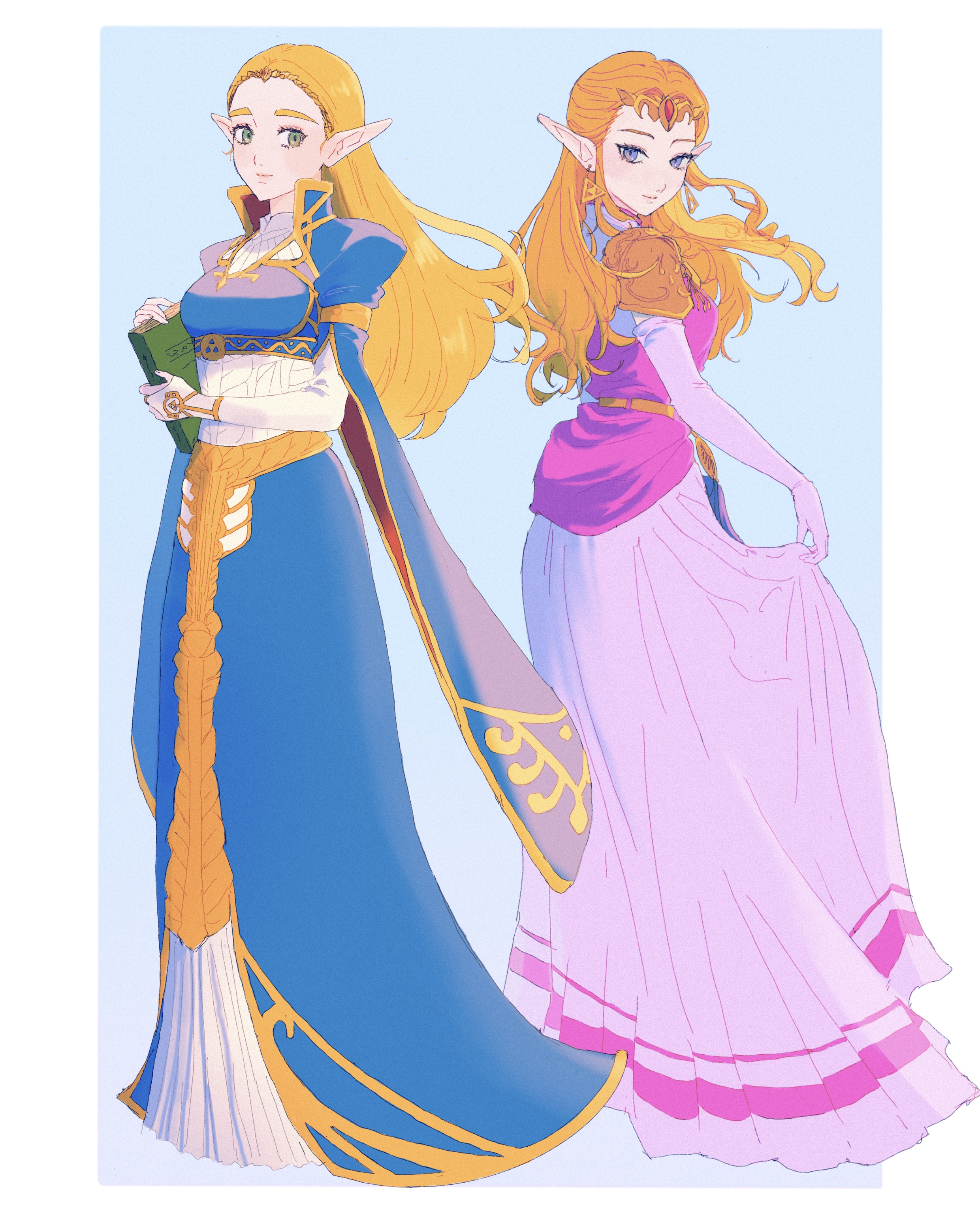 asa8720, princess zelda, nintendo, the legend of zelda, the legend of zelda: breath of the wild, the legend of zelda: ocarina of time, absurdres, commentary request, highres, 2girls, armor, blonde hair, blue dress, blue eyes, book, border, bridal gauntlets, circlet, dress, dual persona, elbow gloves, full body, gem, gloves, gold trim, green eyes, holding, holding book, long dress, long hair, looking at viewer, multiple girls, orange hair, outside border, pink dress, pink gloves, pointy ears, princess, red gemstone, shoulder armor, skirt hold, white border, white bridal gauntlets