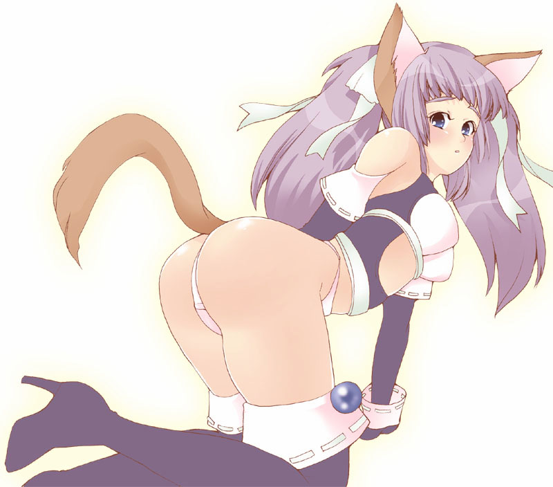 mayumi, all fours, animal ears, ass, blue eyes, cat ears, cat tail, elbow gloves, gloves, hair ribbon, hip focus, long hair, panties, purple hair, ribbon, solo, tail, underwear