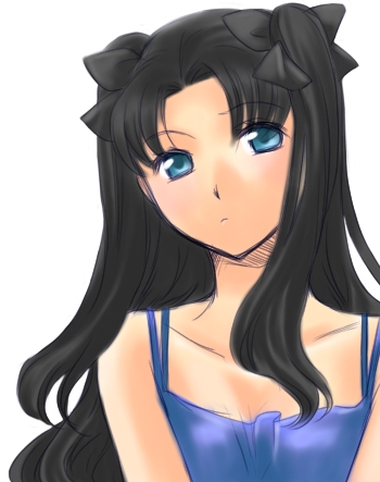 orenji na usagi, tohsaka rin, fate/stay night, fate (series), lowres, tagme, 00s, 1girl, black hair, blue eyes, female focus, simple background, solo, upper body, white background