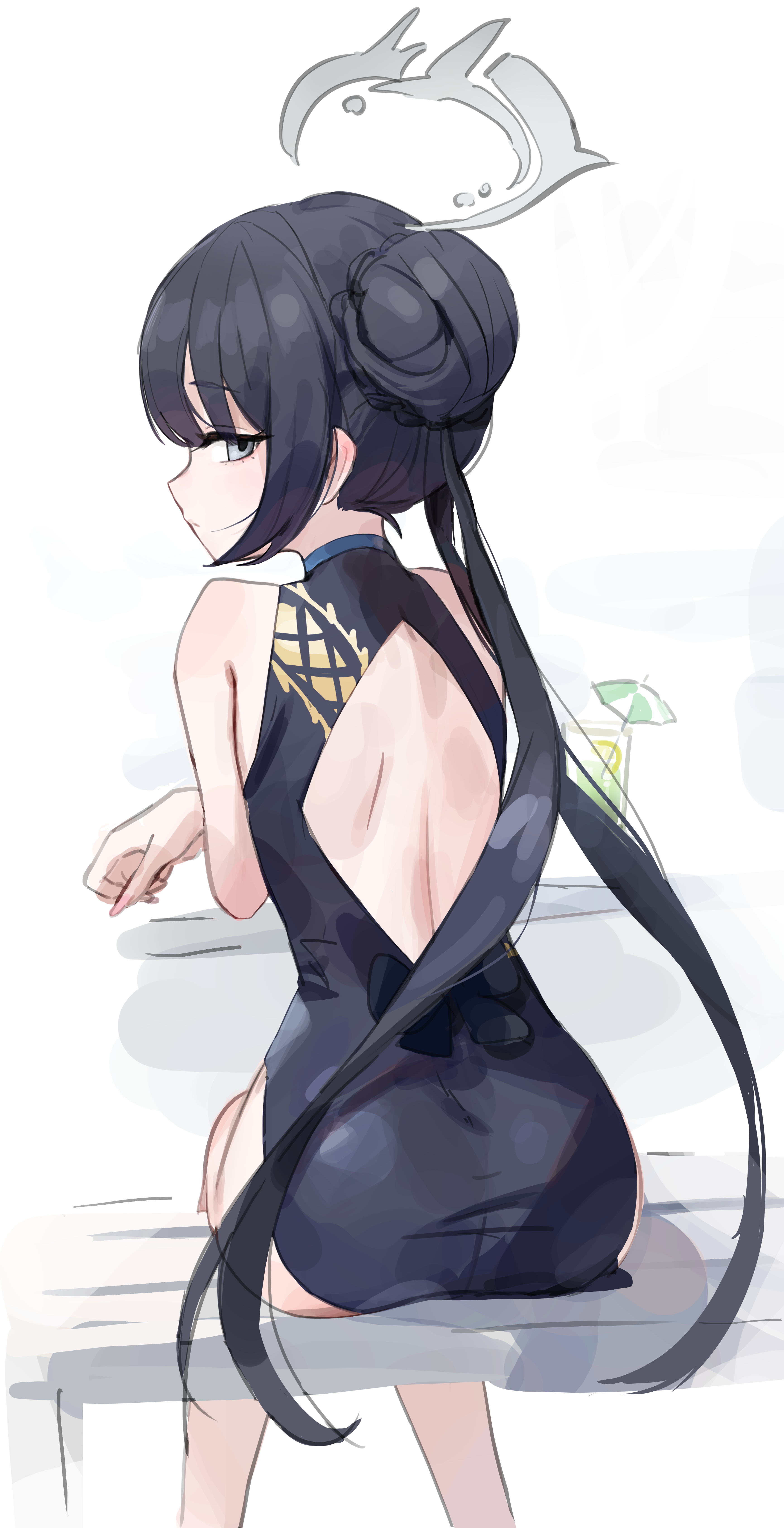 rang go, kisaki (blue archive), blue archive, absurdres, commentary, highres, 1girl, ass, bare back, black dress, black hair, double bun, dragon print, dress, from behind, grey eyes, grey halo, hair bun, halo, long hair, looking at viewer, looking back, simple background, sitting, solo, twintails, white background