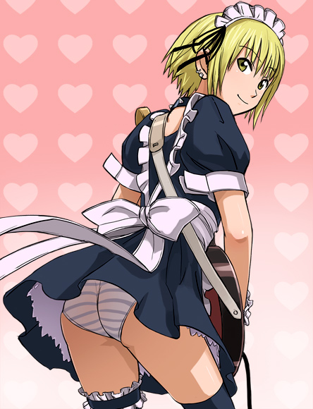 haruyama kazunori, kon futaba, soredemo machi wa mawatteiru, 1girl, ass, blonde hair, blue eyes, clothes lift, earrings, female focus, guitar, instrument, jewelry, looking back, maid, panties, pantyshot, short hair, skirt, skirt lift, solo, striped clothes, striped panties, thighhighs, underwear, upskirt, yellow eyes