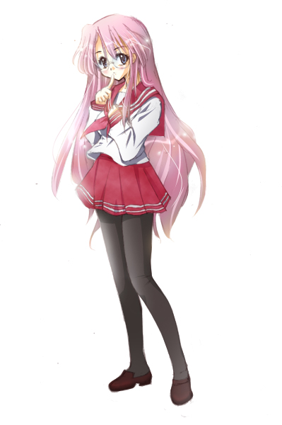 takara miyuki, lucky star, 00s, glasses, long hair, pantyhose, pink hair, purple eyes, school uniform, serafuku, solo