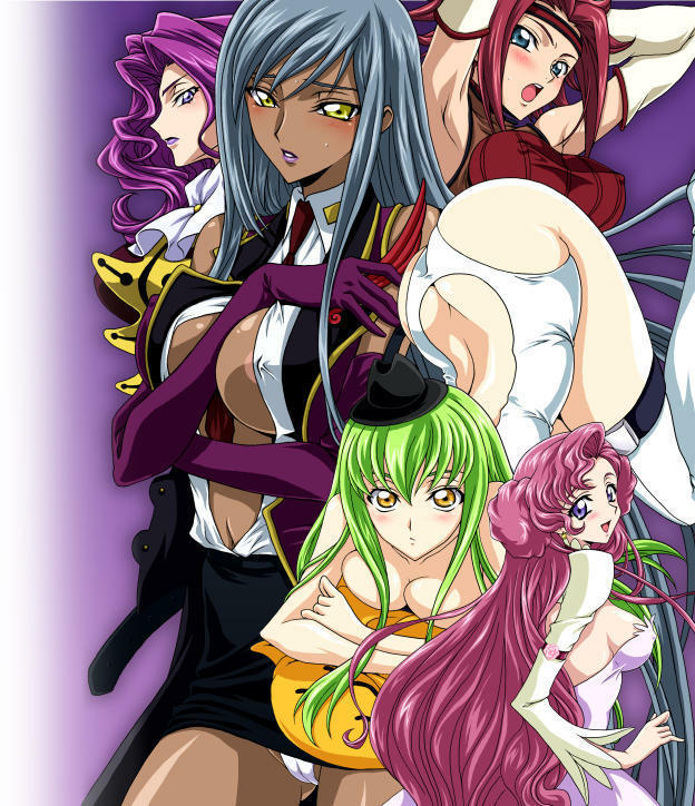 c.c., cheese-kun, cornelia li britannia, euphemia li britannia, kouzuki kallen, villetta nu, code geass, tagme, 00s, 5girls, armpits, ass, blue eyes, blush, breasts, butt crack, green hair, grey hair, long hair, looking at viewer, looking back, multiple girls, panties, purple eyes, short hair, underwear, very long hair, white panties, yellow eyes