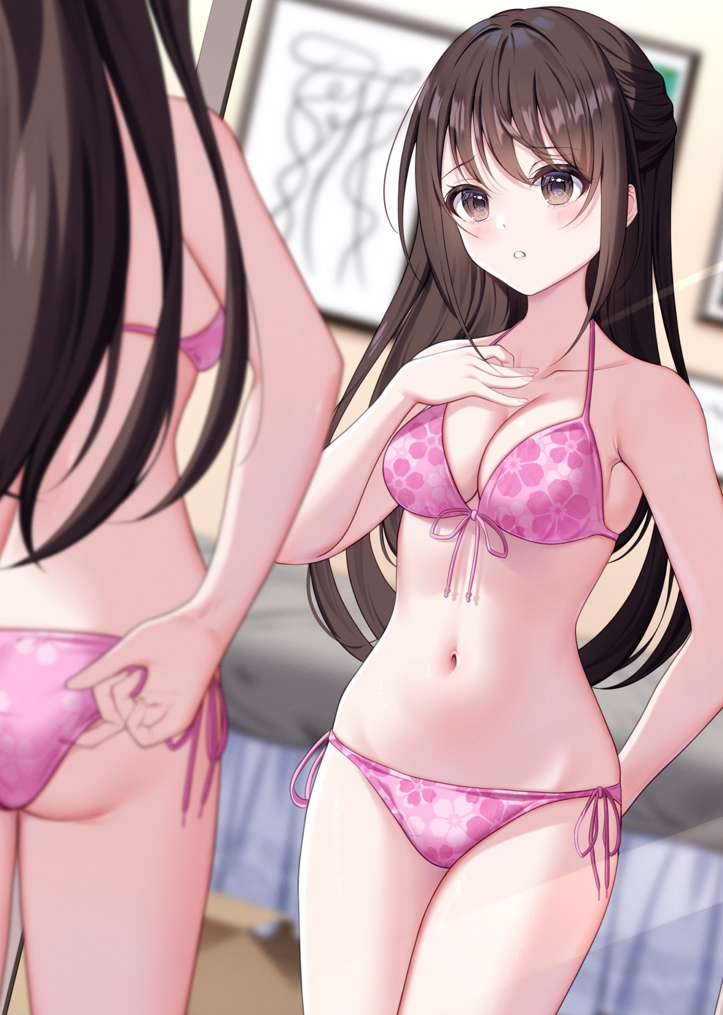hominotsu, original, highres, 1girl, ass, bare shoulders, bikini, blush, breasts, brown eyes, brown hair, cleavage, collarbone, floral print, floral print bikini, indoors, long hair, medium breasts, mirror, navel, open mouth, parted lips, pink bikini, reflection, solo, stomach, swimsuit, teeth