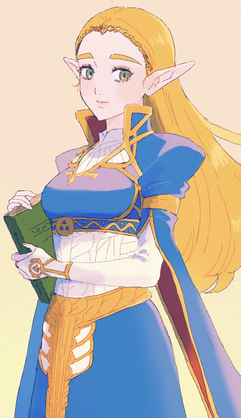 asa8720, princess zelda, nintendo, the legend of zelda, the legend of zelda: breath of the wild, commentary request, highres, 1girl, blue dress, book, bridal gauntlets, cowboy shot, dress, gold trim, gradient background, green eyes, holding, holding book, long hair, orange background, pointy ears, princess, solo, white bridal gauntlets