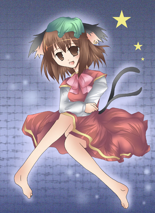 chen, touhou, 1girl, animal ears, barefoot, brown eyes, brown hair, cat ears, cat girl, fang, female focus, full body, gradient background, hat, open mouth, solo