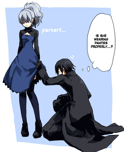 hei (darker than black), yin (darker than black), darker than black, silver hair, lowres, translated, 00s, 1boy, 1girl, black hair, clothes lift, coat, dress, long hair, ponytail, short hair, skirt, skirt lift, thighhighs