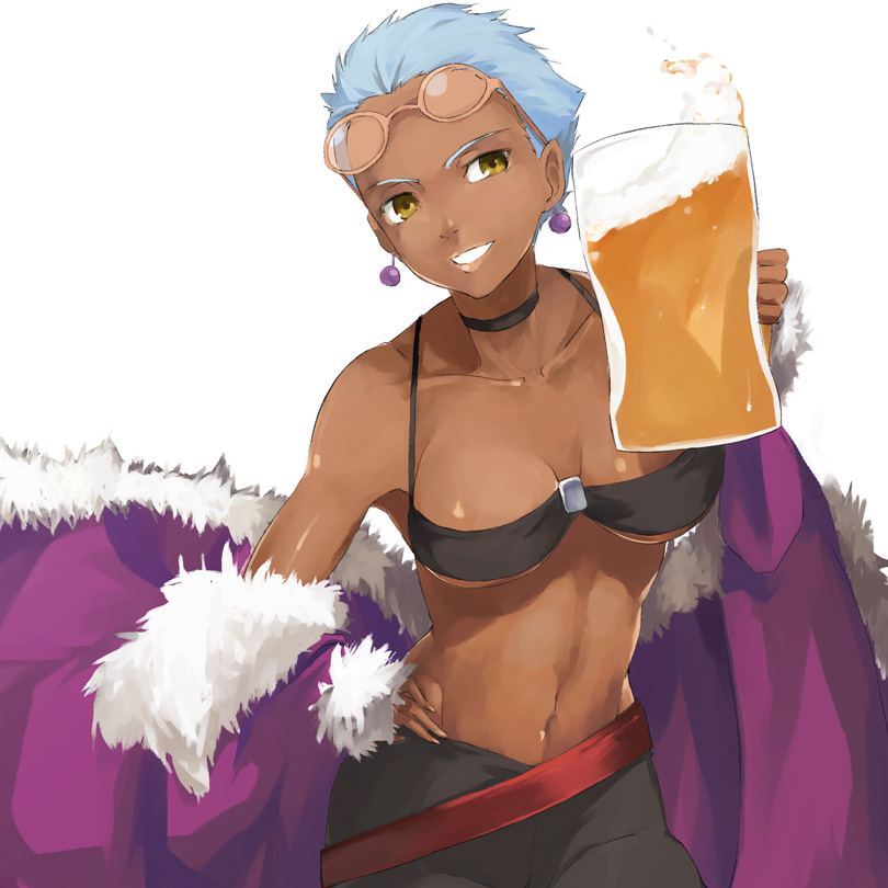 u (the unko), april (darker than black), darker than black, 00s, 1girl, alcohol, beer, blue hair, dark-skinned female, dark skin, female focus, froth, glasses, grin, looking at viewer, short hair, simple background, smile, solo, white background