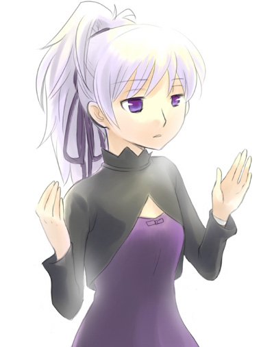 yin (darker than black), darker than black, 00s, 1girl, dress, female focus, grey hair, hair ribbon, long sleeves, ponytail, purple dress, purple eyes, purple ribbon, ribbon, simple background, solo, white background
