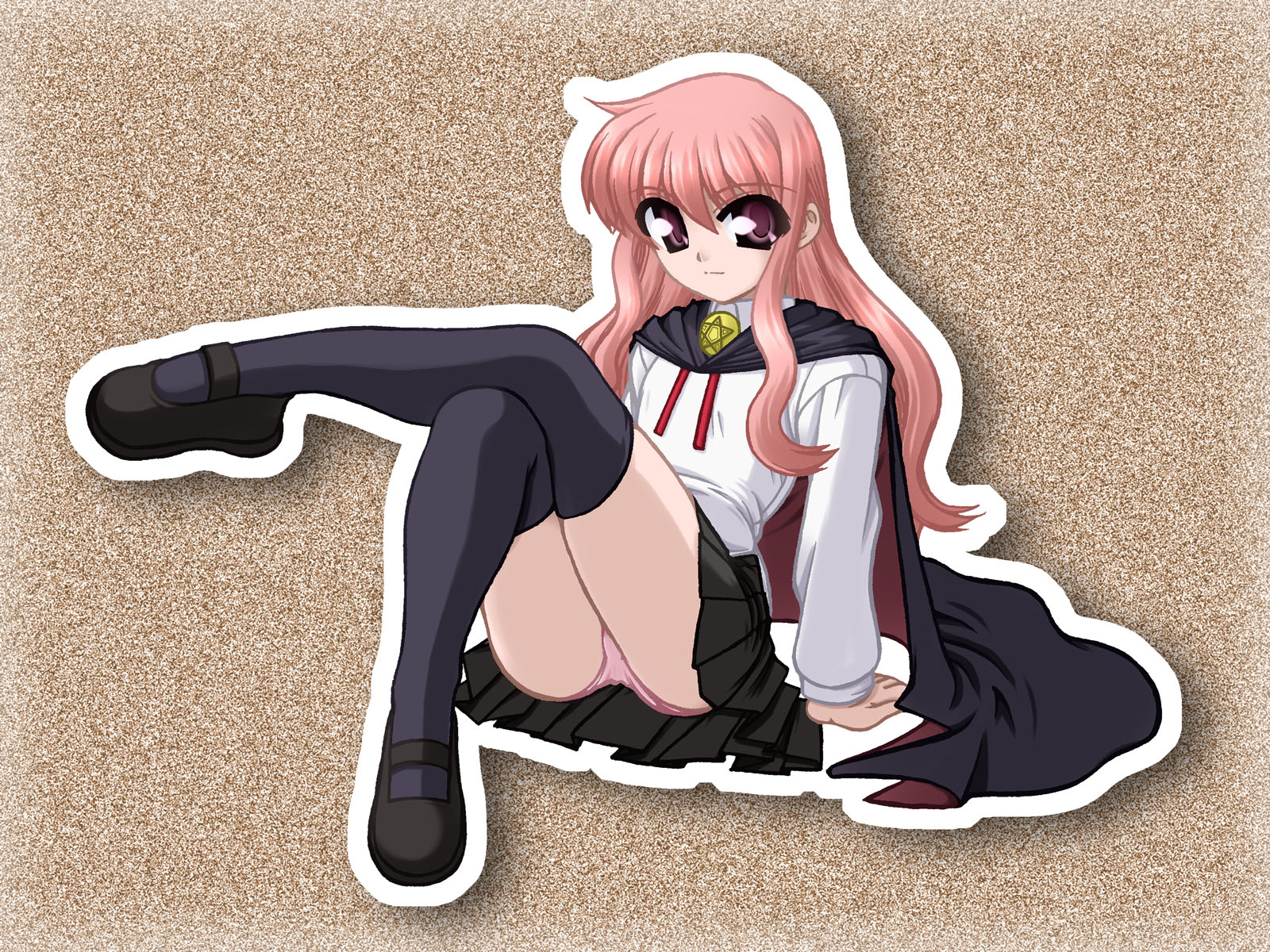 ooba kou, louise francoise le blanc de la valliere, zero no tsukaima, highres, 00s, cape, long hair, panties, pink eyes, pink hair, sitting, skirt, thighhighs, underwear