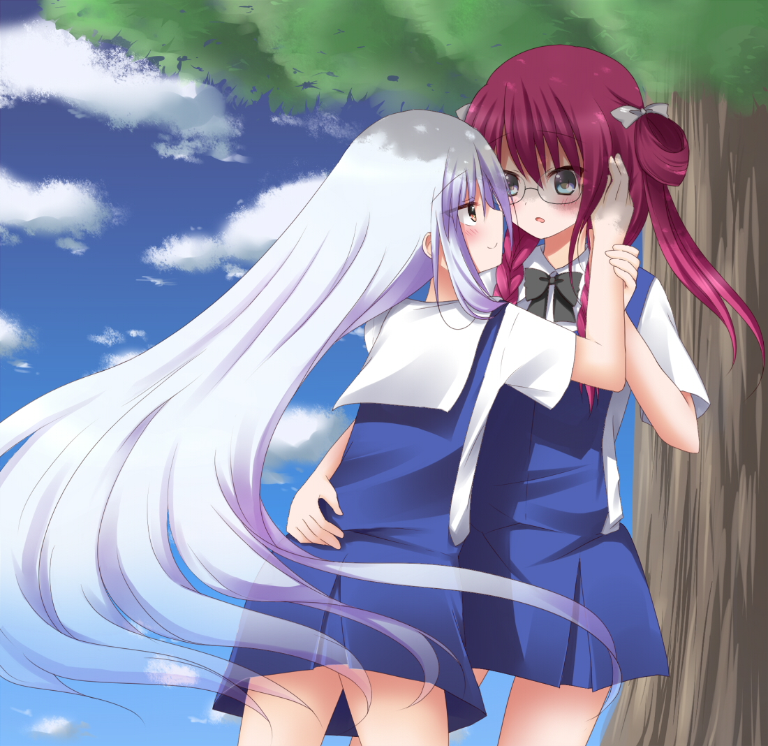 korokoro cat, kazami kazuki, suou amane, grisaia (series), grisaia no kajitsu, commentary request, 2girls, :o, aged down, black-framed eyewear, black bow, black bowtie, blue dress, blue sky, blush, bow, bowtie, braid, closed mouth, collared shirt, cowboy shot, dappled sunlight, day, dress, eye contact, floating hair, glasses, hair between eyes, hair rings, hand on another's cheek, hand on another's face, hand on own hip, hand up, holding another's wrist, hug, long hair, looking at another, multiple girls, open mouth, outdoors, pinafore dress, profile, red eyes, red hair, school uniform, shirt, short sleeves, sky, sleeveless, sleeveless dress, smile, straight hair, sunlight, tree, tsurime, twin braids, two side up, very long hair, white hair, white shirt, yuri