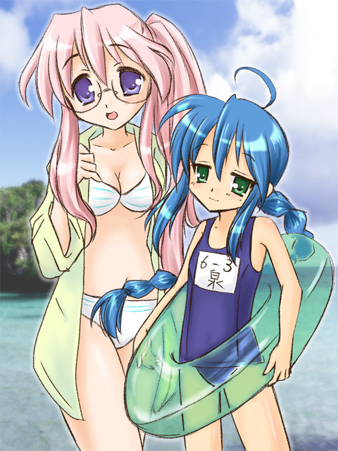 x-4kazu, izumi konata, takara miyuki, lucky star, 00s, 2girls, ahoge, alternate hairstyle, bikini, blue hair, braid, breasts, cleavage, day, green eyes, innertube, long hair, medium breasts, mole, mole under eye, multiple girls, name tag, one-piece swimsuit, open clothes, open shirt, pink hair, purple eyes, school swimsuit, shirt, side ponytail, small breasts, smile, striped bikini, striped clothes, swim ring, swimsuit, water, white bikini