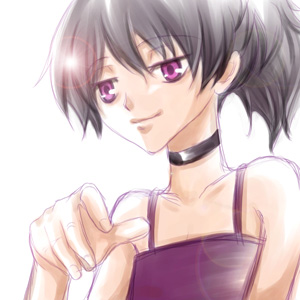 yin (darker than black), darker than black, artist request, lowres, 00s, 1girl, bare shoulders, choker, dress, female focus, grey hair, ponytail, purple dress, purple eyes, simple background, smile, white background