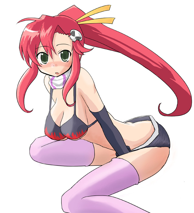 hottan!, yoko littner, tengen toppa gurren lagann, tagme, 00s, 1girl, ass, breasts, female focus, kneeling, looking at viewer, simple background, solo, thighhighs, white background