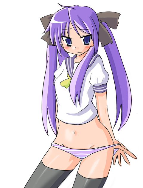 hottan!, hiiragi kagami, lucky star, 00s, panties, school uniform, serafuku, solo, striped clothes, striped panties, thighhighs, tsurime, underwear
