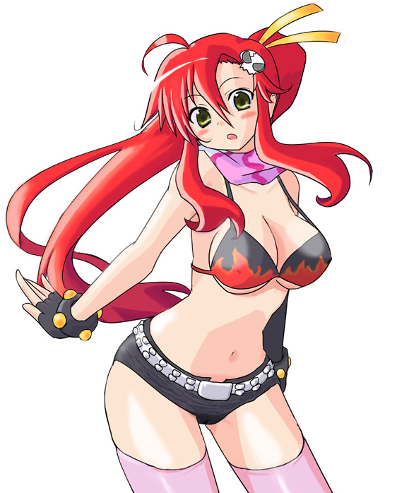 hottan!, yoko littner, tengen toppa gurren lagann, tagme, 00s, 1girl, breasts, female focus, navel, simple background, solo, standing, thighhighs, white background