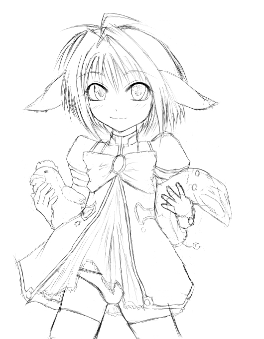 mint blancmanche, galaxy angel, 00s, 1girl, animal ears, dress, female focus, gloves, looking at viewer, monochrome, panties, pantyshot, puffy sleeves, short dress, short hair, simple background, sketch, solo, thighhighs, underwear, white background, zettai ryouiki