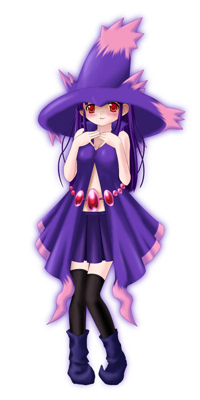 aoi kanan, mismagius, nintendo, pokemon, 1girl, blush, boots, cosplay, costume, female focus, gen 4 pokemon, gradient background, hat, long hair, personification, purple hair, red eyes, simple background, solo, white background, witch hat