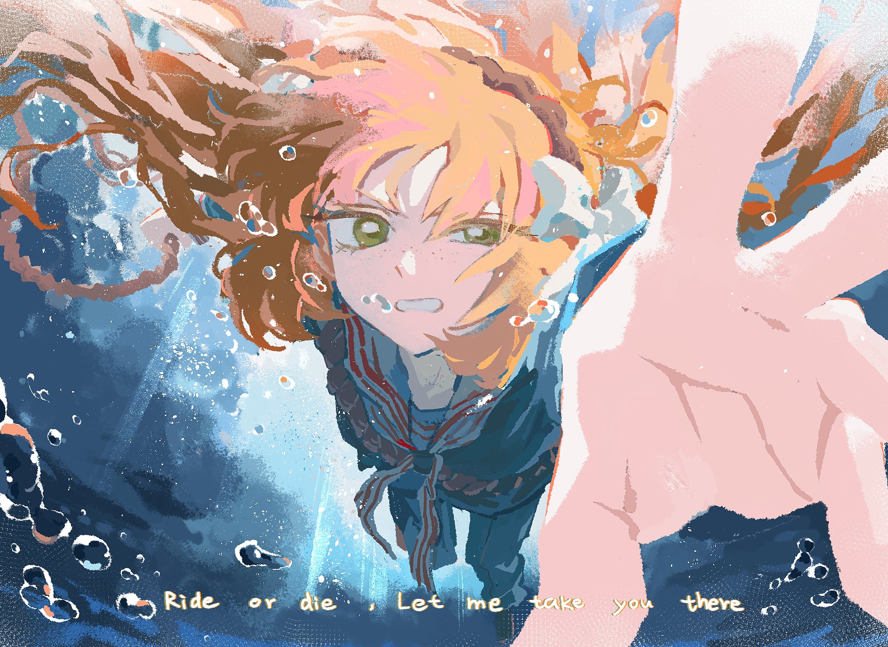 fuhao, ishmael (project moon), limbus company, project moon, highres, 1girl, black pants, black shirt, bow, brown hairband, freckles, full body, green eyes, hair bow, hairband, long hair, long sleeves, looking at viewer, neckerchief, orange hair, pants, reaching, reaching towards viewer, sailor collar, sailor shirt, shirt, snagharpoon (e.g.o), solo, striped neckerchief, swimming, underwater, white bow, white sailor collar