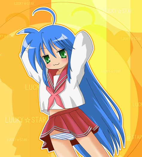 aoi kanan, izumi konata, lucky star, 00s, :3, blue hair, blush, green eyes, long hair, mole, panties, school uniform, serafuku, skirt, striped clothes, striped panties, underwear