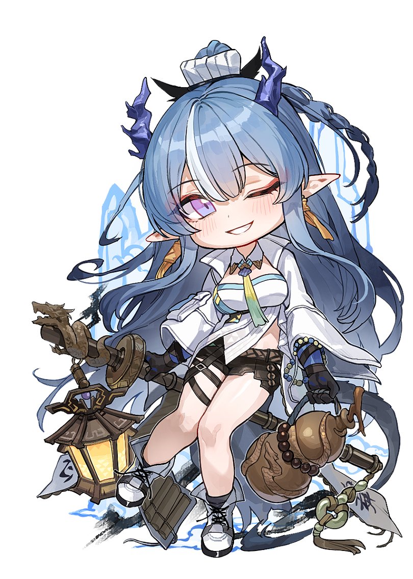 kokukyukeo, ling (arknights), arknights, 1girl, belt, black shorts, black socks, blue hair, blue horns, blue tail, boots, braid, braided ponytail, chibi, coat, collar, detached collar, double-parted bangs, eastern dragon horns, eastern dragon tail, full body, gourd, green necktie, grin, hair between eyes, hair ornament, high ponytail, holding, holding gourd, holding lantern, horns, inkblot, jade (gemstone), lace-up boots, lantern, long hair, long sidelocks, long sleeves, necktie, one eye closed, open clothes, open coat, pointy ears, ponytail, purple eyes, ribbon, ribbon earrings, short shorts, shorts, sidelocks, smile, socks, solo, standing, standing on one leg, thigh belt, thigh strap, two-tone necktie, very long hair, white background, white boots, white coat, white collar, white streaks, wide sleeves, wing collar, yellow necktie, yellow ribbon