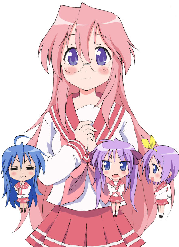 hiiragi kagami, hiiragi tsukasa, izumi konata, takara miyuki, lucky star, 00s, 4girls, :3, = =, blue eyes, blue hair, closed eyes, glasses, hair ribbon, hairband, long hair, multiple girls, pink hair, purple eyes, purple hair, school uniform, serafuku, short hair, sisters, standing, twins, twintails