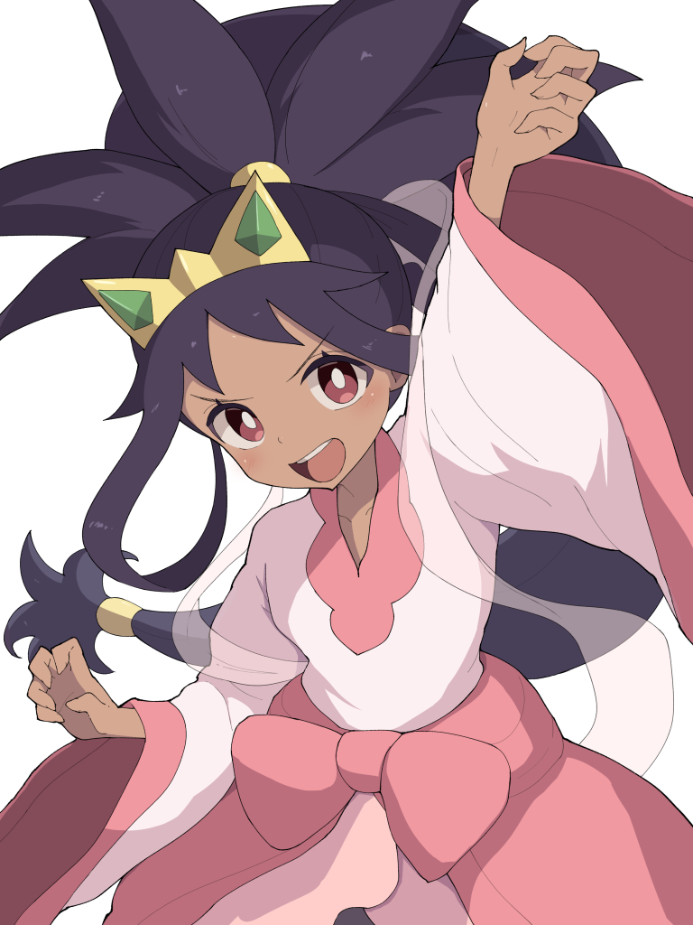 hiyoshipow, iris (pokemon), nintendo, pokemon, pokemon bw, pokemon bw2, 1girl, big hair, blush, bow, breasts, brown eyes, crown, dark-skinned female, dark skin, dress, hair ornament, long hair, looking at viewer, open mouth, pink dress, purple hair, red eyes, simple background, smile, solo, teeth, upper teeth only, very long hair, waist bow, white background