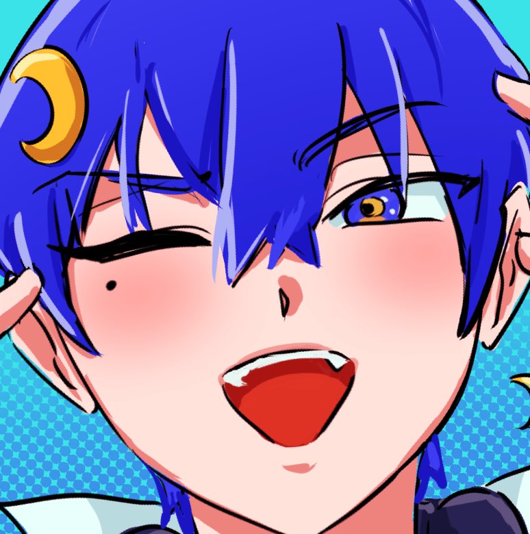 br3adhouse, indie utaite, commentary, symbol-only commentary, 1boy, akugetsu, blue eyes, blue hair, close-up, crescent, crescent hair ornament, hair ornament, male focus, mole, mole under eye, one eye closed, open mouth, short hair, smile, solo, utaite, very short hair