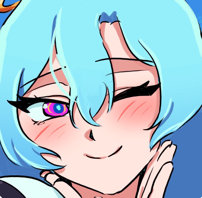 br3adhouse, indie utaite, commentary, symbol-only commentary, 1girl, blue hair, blue pupils, c!nah, close-up, hair between eyes, one eye closed, purple eyes, smile, solo, utaite