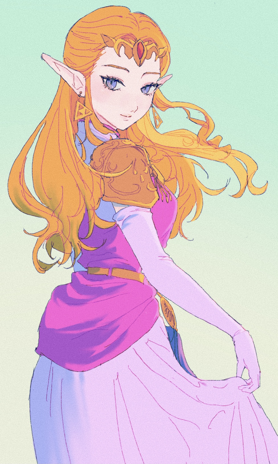 asa8720, princess zelda, nintendo, the legend of zelda, the legend of zelda: ocarina of time, commentary request, highres, 1girl, armor, blue eyes, circlet, closed mouth, cowboy shot, dress, earrings, elbow gloves, gem, gloves, gradient background, green background, jewelry, long hair, looking at viewer, orange hair, pink dress, pink gloves, pointy ears, princess, red gemstone, shoulder armor, skirt hold, solo, triforce