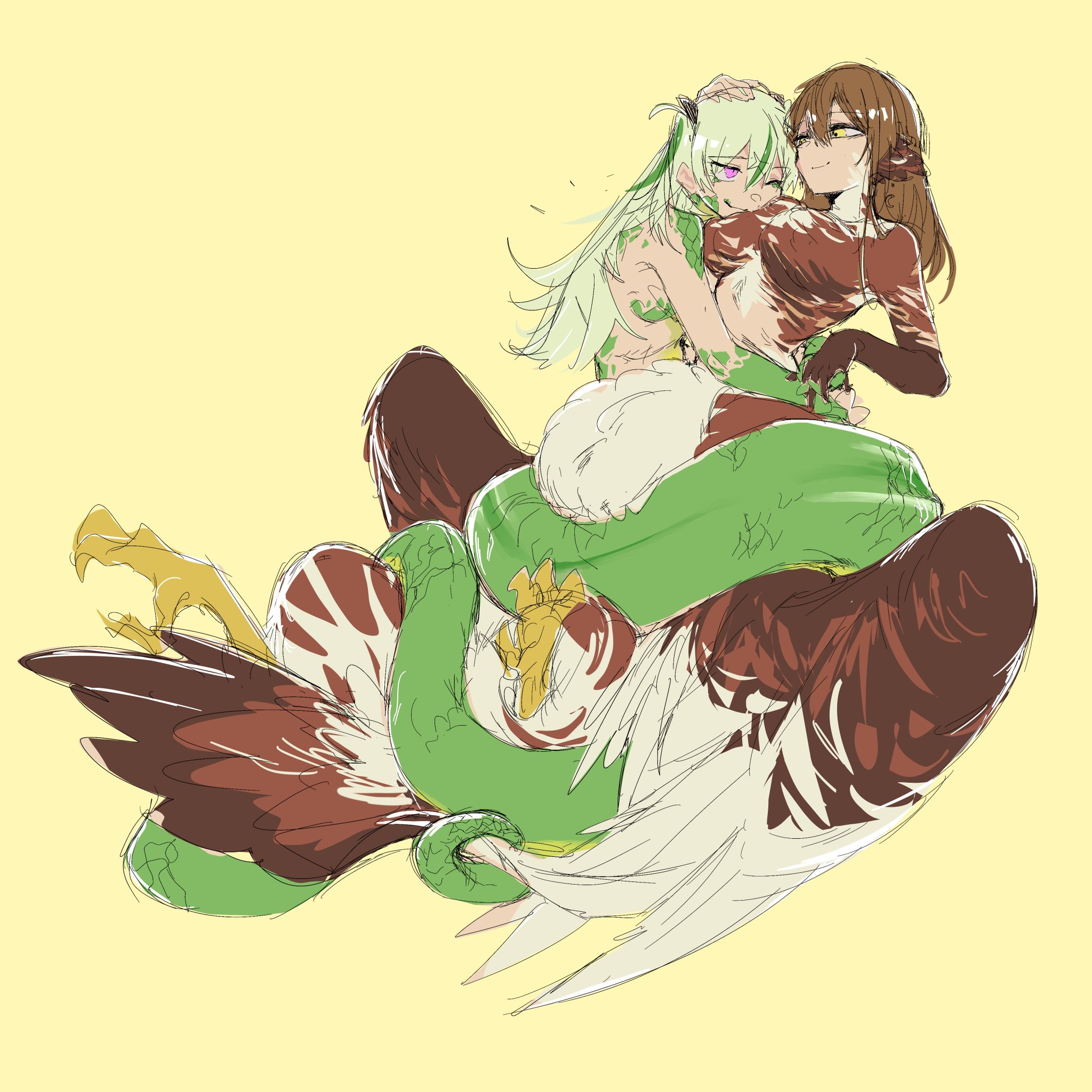 ooshima ichiko, ooshima isuzu, heaven burns red, highres, animalization, bird girl, bird tail, bird wings, braid, breasts, brown hair, green hair, hair between eyes, hair ornament, half up braid, hand on another's head, large breasts, long hair, looking at another, mick2 bd, multicolored hair, multiple girls, red eyes, siblings, sisters, snake girl, snake tail, streaked hair, tail, two-tone feathers, two side up, wings, yellow eyes, yuri